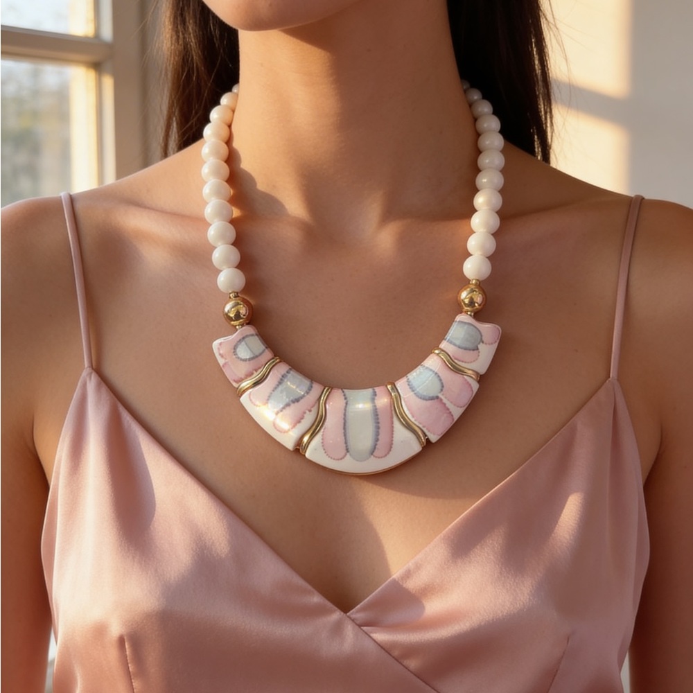 Hand Porcelain Bib Necklace Pink Blue White Beaded Statement Japan